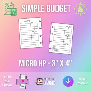 Può includere: Due pagine bianche del pianificatore Simple Budget con linee e testo neri. Le pagine misurano 7,6 cm x 10,2 cm e riportano il testo "Simple Budget" e "Micro HP". L'immagine include anche un'icona della stampante e il testo "Letter Size Printable".