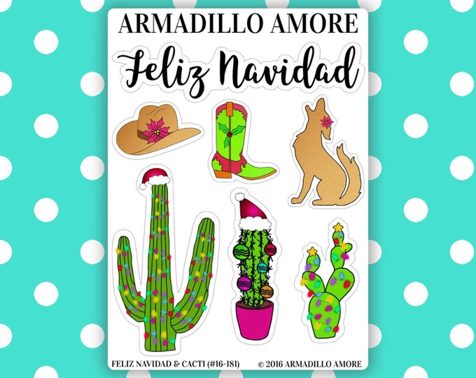 Feliz Navidad & Southwest Christmas Cacti Stickers {7 Fancy Matte Planner Stickers} 181