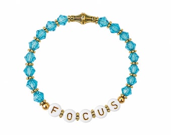 Focus Beaded Bracelet – Turquoise Blue Czech Fire Polished Glass Beads, Gold Accents & Inspirational Jewelry