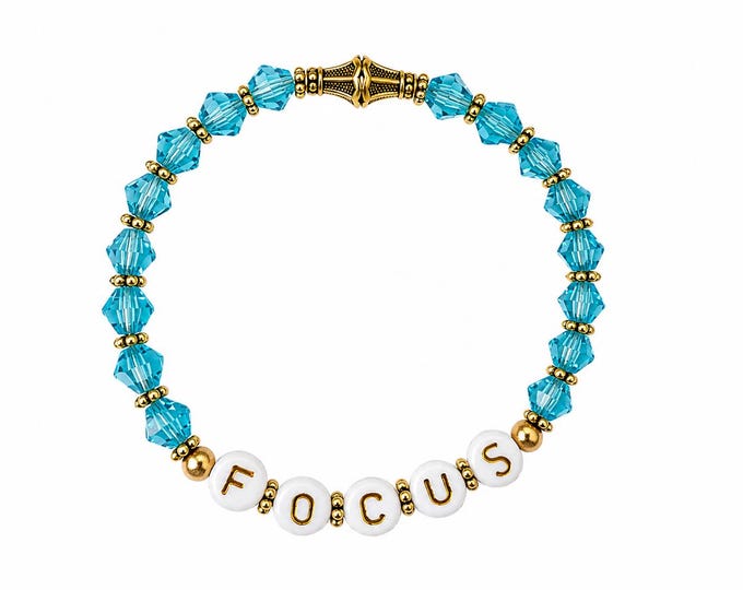 Focus Beaded Bracelet – Turquoise Blue Czech Fire Polished Glass Beads, Gold Accents & Inspirational Jewelry