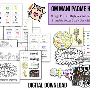 DIGITALE afdrukbare Om Mani Padme Hum boeddhistische mantra spirituele studie pdf en png-set voor meditatie, reflectie, kunstdagboek, plakboek