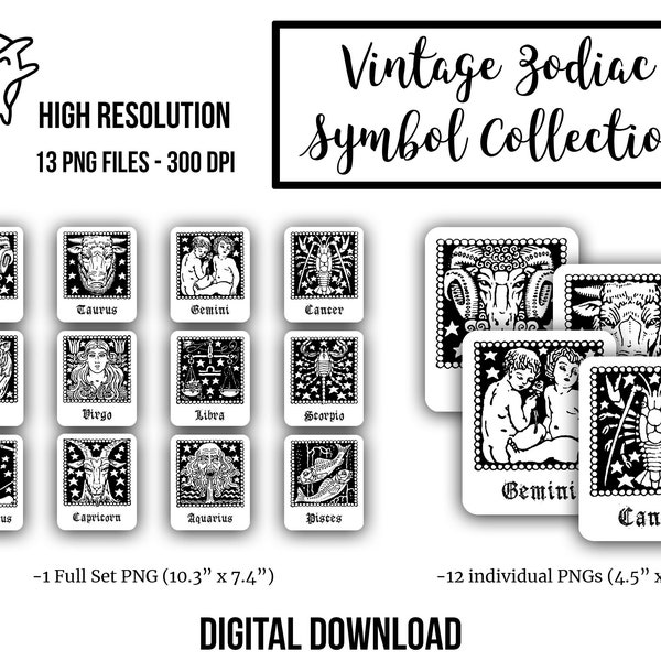 DIGITAL Vintage Zodiac Symbol Illustrations PNG Files - Black and White High Resolution - Astrology Journal - Astrological - Zodiac Sign