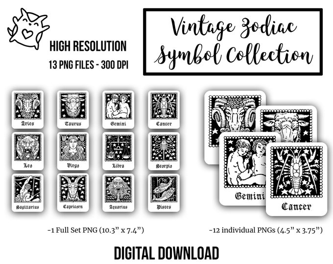 DIGITAL Vintage Zodiac Symbol Illustrations PNG Files - Black and White High Resolution - Astrology Journal - Astrological - Zodiac Sign