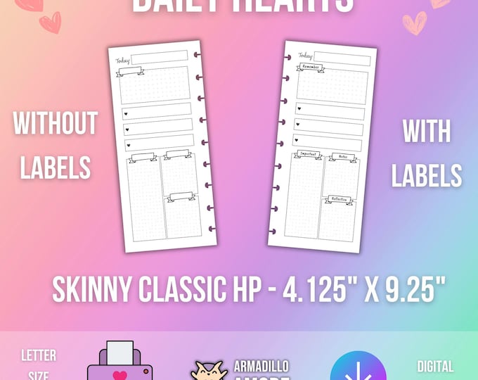 SKINNY CLASSIC Happy Planner Daily 1 Page - HP Printable Insert - 2 Versions - With Labels or Blank Version - Simple Minimalist