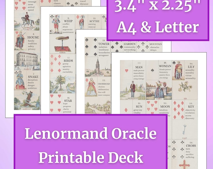 DIGITAL Full Size Print Your Own Lenormand Deck (3.4 inch) A4 & Letter Sized PDFs - Lenormand Oracle Cards - Beginner Lenormand Reading