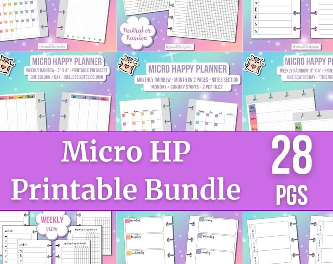 MICRO HP Weekly & Monthly Planner Spreads - 14 Inserts Printable Bundle -  Happy Planner Micro Happy Notes - Planning PDF Bundle