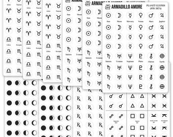 Small Astrology Planner Stickers Variety Pack - 0.375" - Moon Phase Stickers, Zodiac Planet Calendar Stickers