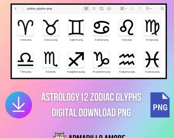 DIGITAL Zodiac Sign Glyph PNG Files - Black and White High Resolution - No Background - Astrology Journal - Astrological - Zodiac Sign