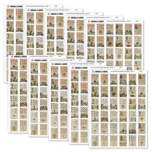 May include: A collection of multiple identical sheets of Lenormand cards, each featuring a grid of small, vintage-style illustrations with English text labels. The top of each sheet displays the text Armadillo Amore and Lenormand with English Meanings.