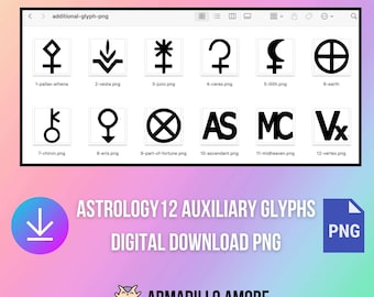 DIGITAL Auxiliary Astrology Glyph PNG Files - High Resolution - No Background - Asteroid Goddesses Pallas Vesta Juno Ceres - Chiron Lilith