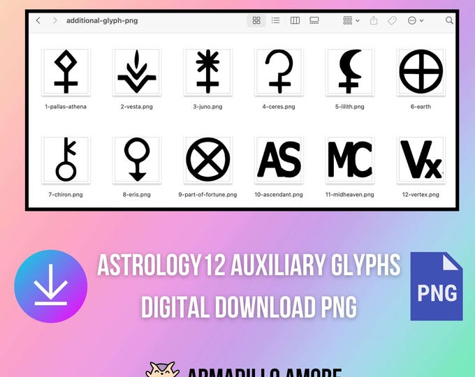 DIGITAL Auxiliary Astrology Glyph PNG Files - High Resolution - No Background - Asteroid Goddesses Pallas Vesta Juno Ceres - Chiron Lilith