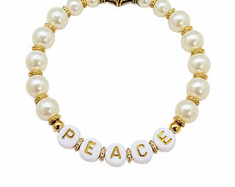 Peace Beaded Stretch Bracelet – Mindfulness Jewelry with Glass Pearl Beads, Gold Accents & Inspirational Word Beads
