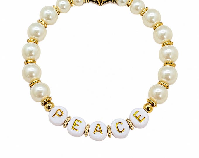 Peace Beaded Stretch Bracelet – Mindfulness Jewelry with Glass Pearl Beads, Gold Accents & Inspirational Word Beads