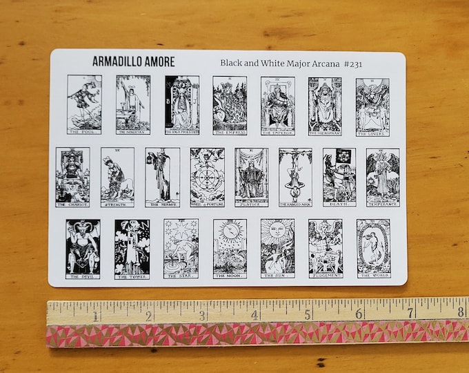 Tarot Stickers - Regular Size - Major Arcana ONLY -  Black and White - 1 Sheet of 22 Stickers - Rider Waite Smith Deck Tarot Cards - 231BW