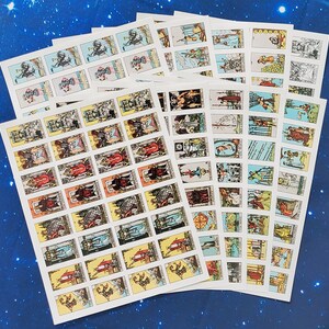 May include: A set of 78 tarot cards with colorful illustrations and gold accents. The cards are arranged in rows and columns, showing a variety of scenes and symbols.