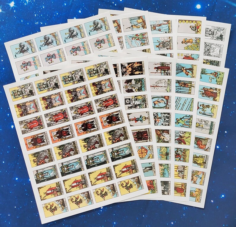 May include: A set of 78 tarot cards with colorful illustrations and gold accents. The cards are arranged in rows and columns, showing a variety of scenes and symbols.