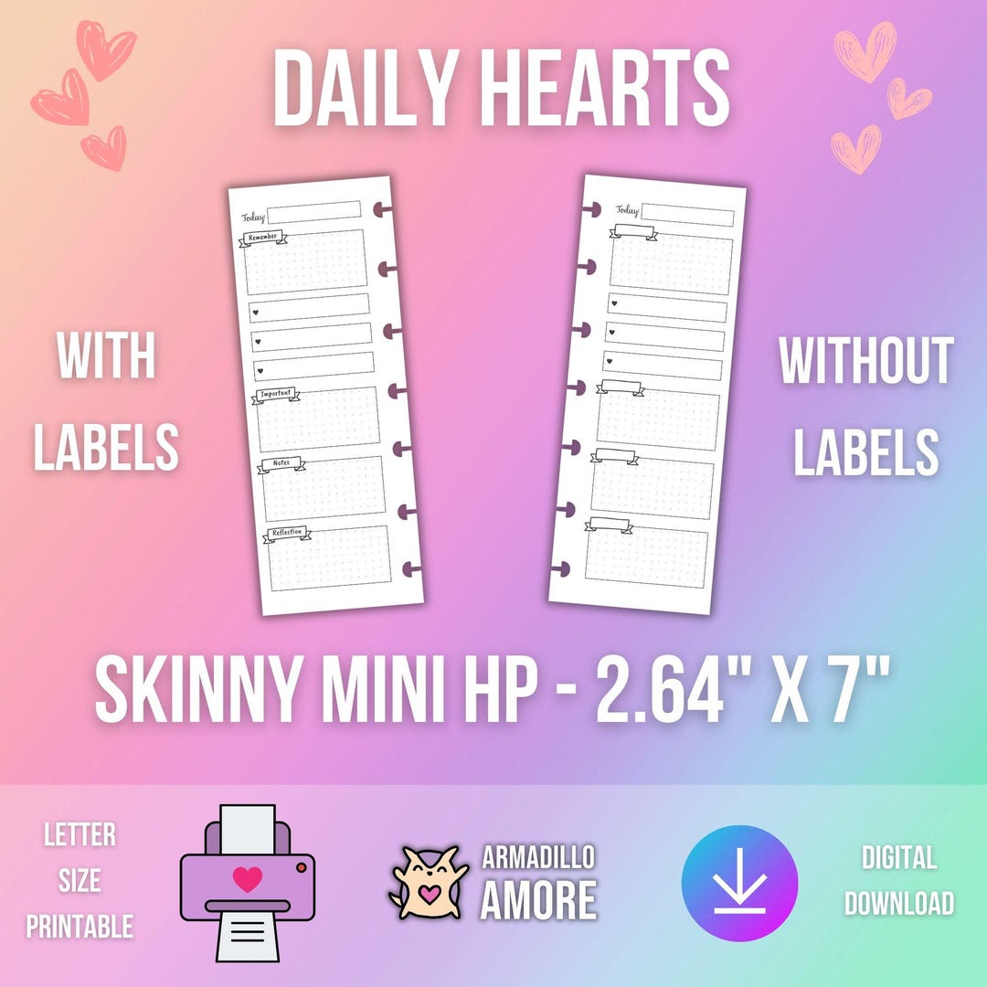 SKINNY MINI Happy Planner Daily Hearts 1 Page - HP Printable Insert - 2 ...