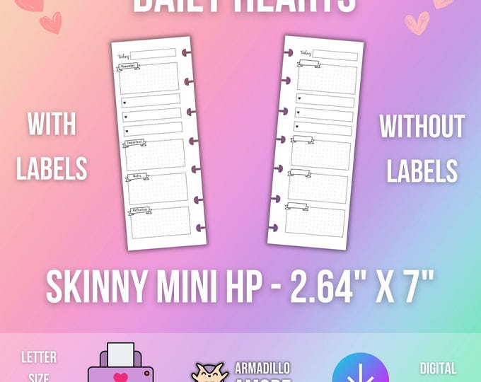 SKINNY MINI Happy Planner Daily Hearts 1 Page - HP Printable Insert - 2 Versions - With Labels or Blank Version - Simple Minimalist - 732