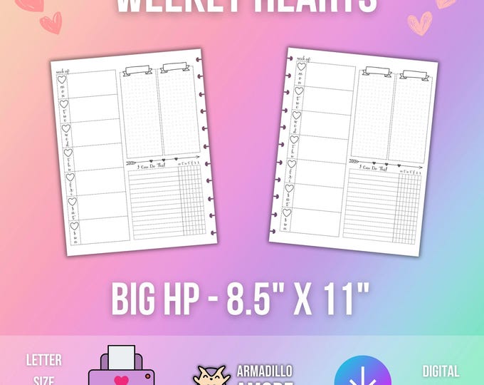 BIG HP Weekly Hearts Planner Printable - Dot Grid Planning PDF, Productivity Week on a Page Discbound Insert Undated Blank Letter Size
