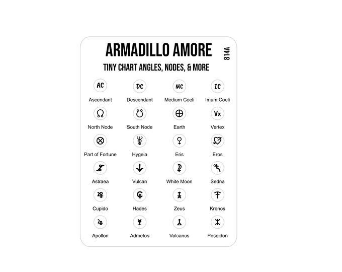 Tiny Natal Chart Glyph Astrology Stickers - 0.18 inch Ascendant, Midheaven, Lunar Nodes, Asteroids, Uranian Hamburg School - 814A