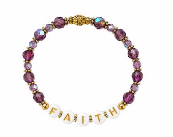 Faith Beaded Bracelet – Purple Czech Fire Polished Glass Beads, Gold Accents & Inspirational Word Jewelry