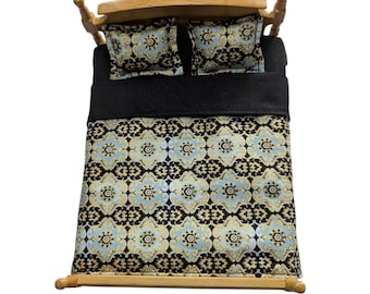 Dolls House Bed Set - Double Size Bedding - 1:12 scale - Dollhouse Miniatures - Black & Gold