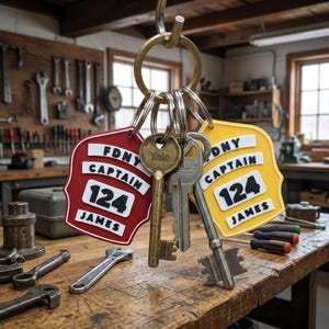 Può includere: Una collezione di chiavi e portachiavi appesi a un anello di ottone. Due portachiavi hanno la forma di distintivi FDNY, uno rosso e uno giallo, con il testo "FDNY CAPTAIN 124 JAMES". Sono attaccate anche diverse chiavi, tra cui una chiave Yale.