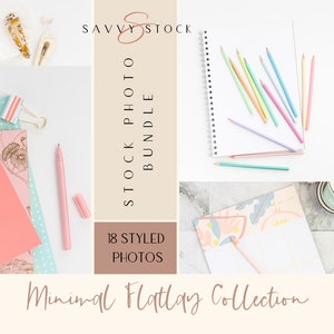 May include: A flat lay collection of 18 styled photos featuring a variety of pastel colored stationery items, including notebooks, pencils, and a pen. The photos are arranged in a grid pattern on a white background. The text "Savvy Stock Photo Bundle" and "18 Styled Photos" are visible in the image.