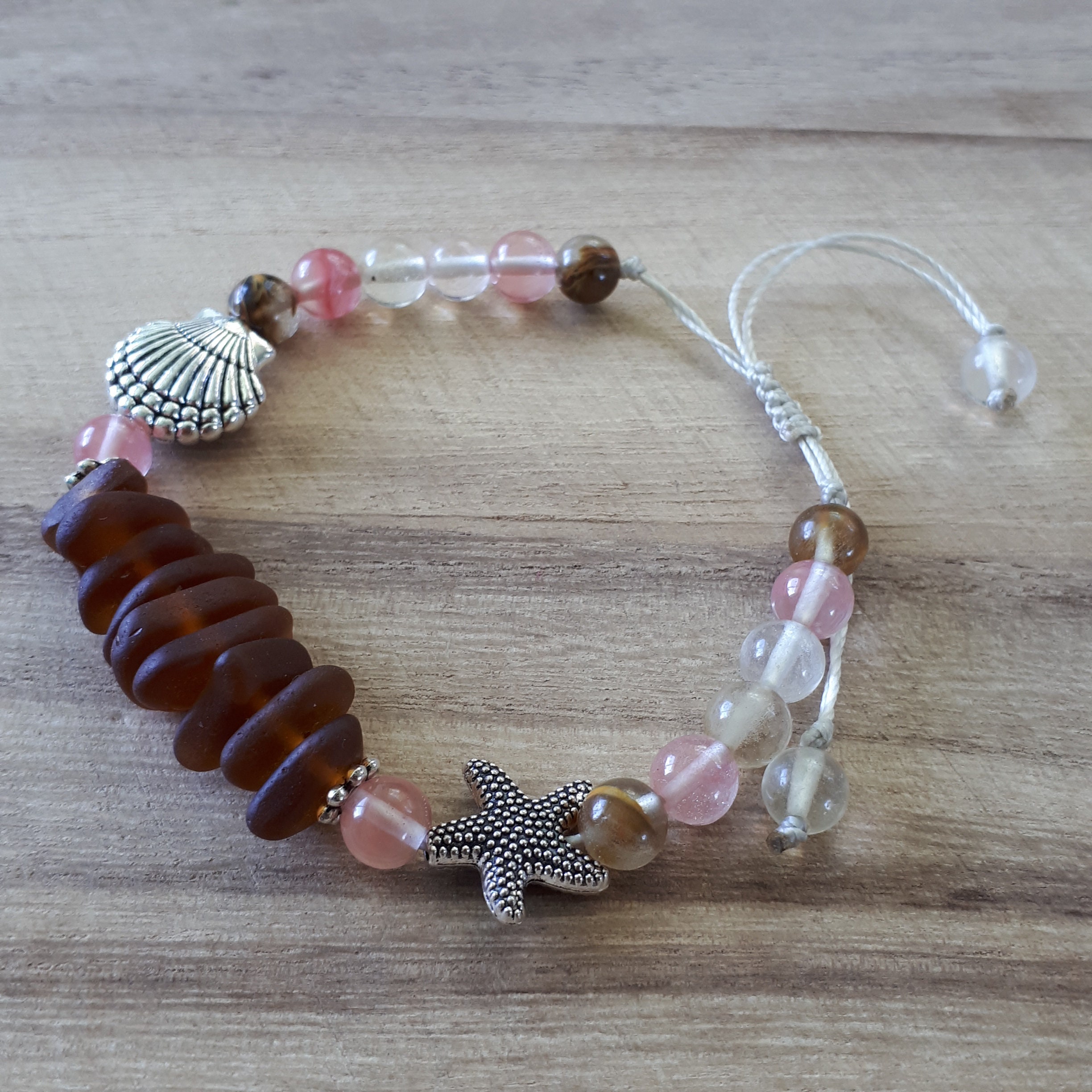 Adjustable Brown Genuine Sea glass charms bracelet Round | Etsy