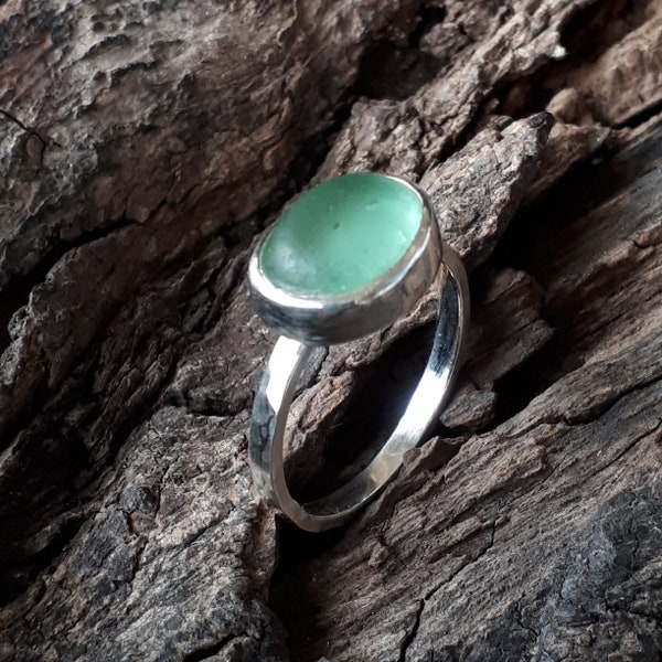Sea Foam Sea glass Ring, Sterling Silver and Fine Silver Ring, Size US 7, Semi-Polished Sea glass, Hammered band (#07)
