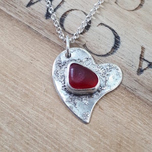 Red Sea glass HEART necklace, Sterling Silver Jewelry, Mother's Day gift (#78)
