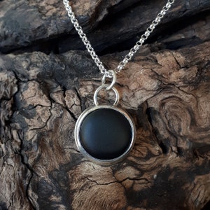 Pirate BLACK (Dark green) SEA GLASS necklace, Sterling and Fine Silver, Chain 50 cm  (#59)
