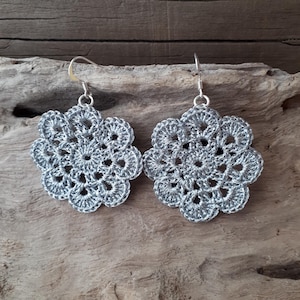 Micro Crochet Flower Earrings, Handmade Metallic Thread Jewelry, Sterling Silver Hooks, Delicate Wearable Art