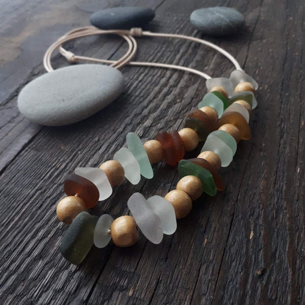 Multicolored Genuine Sea glass & Wooden beads necklace, Adjustable Beige Nylon cord (#12)