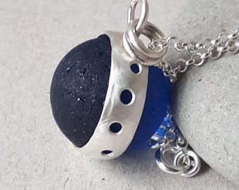 Dark Blue Sea Marble Necklace, Sterling Silver