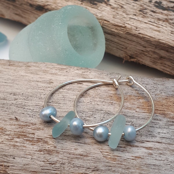 Sky blue Genuine sea glass hoop earrings, Blue Freshwater Pearls earrings, 925 Sterling Silver Wedding jewelry (#83)