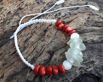 Fancy White and Red Sea glass Adjustable bracelet  (#46)