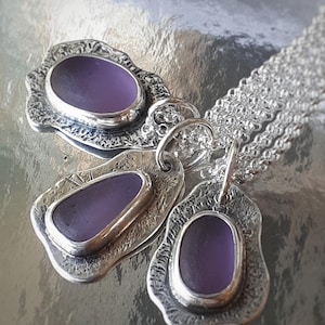 Purple Sea Glass Necklace, Sterling Silver, 50 cm chain  (#26)