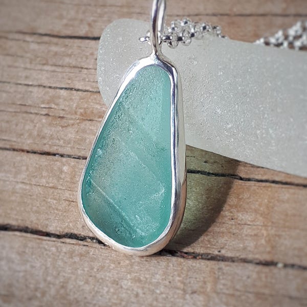 Patterned Sea Glass Necklace, Sterling Silver, Australian Ocean Treasure Jewelry