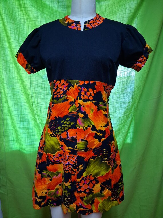 Black & Floral Mini Dress Puff Sleeves