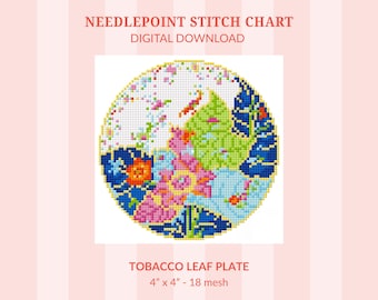 Tobacco Leaf Needlepoint Pattern - Grand Millennial Plate Design (Digital Download)