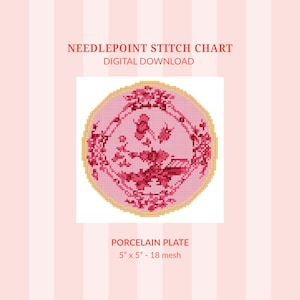 May include: A digital needlepoint stitch chart featuring a pink porcelain plate design. The plate, measuring 5" x 5", showcases a floral pattern in shades of pink and red. The text "NEEDLEPOINT STITCH CHART DIGITAL DOWNLOAD" and "PORCELAIN PLATE" are also visible.