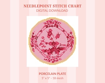 Porcelain Plate Needlepoint Pattern - Grand Millennial Design (Digital Download)