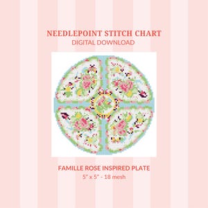 Könnte beinhalten: Ein digitales Kreuzstichmuster mit einem von Famille Rose inspirierten Plattendesign. Die Platte hat florale Muster in Rosa, Grün und Gelb auf weißem Hintergrund. Das Muster misst 12,7 cm x 12,7 cm und hat 18 Maschen. Text: DIGITALER DOWNLOAD.