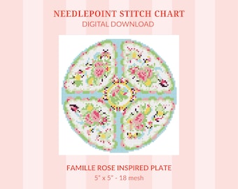 Famille Rose Needlepoint Pattern - Grand Millennial Plate Design (Digital Download)