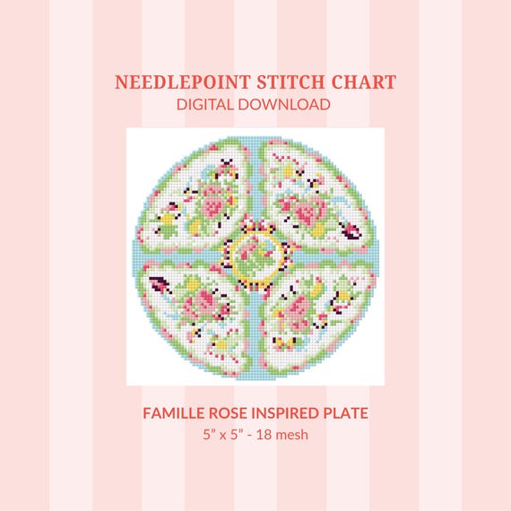 Famille Rose Needlepoint Pattern - Grand Millennial Plate Design (Digital Download)