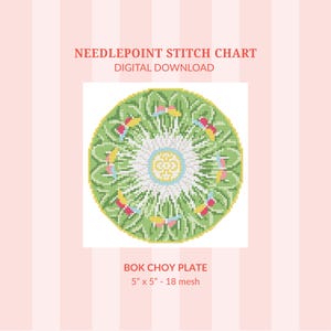 May include: A needlepoint stitch chart digital download titled BOK CHOY PLATE 5" x 5" - 18 mesh. The circular design features a white center with a yellow geometric pattern, surrounded by green leaves and small pink and yellow butterflies.