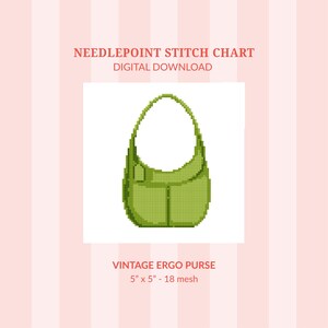 May include: A digital needlepoint stitch chart featuring a vintage ergo purse design. The chart shows a green purse with a shoulder strap and two front pockets. The design measures 5 inches by 5 inches.