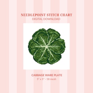 Puede incluir: Un gráfico de puntada de aguja digital con un diseño de plato de col. La imagen muestra un diseño de col verde detallado y pixelado sobre un fondo blanco. El texto dice "NEEDLEPOINT STITCH CHART DIGITAL DOWNLOAD" y "CABBAGE WARE PLATE 12,7cm x 12,7cm - 18 mesh."