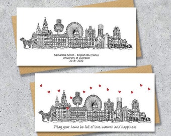 Liverpool skyline graduation or housewarming card, Personalised, Liverpool landmarks, black and white, hearts